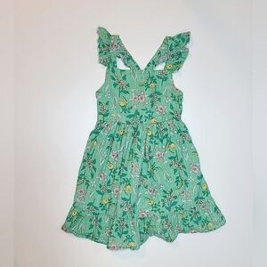 Girls Green Floral Dress 100%Cotton Linen Look Flutter Sleeve 5T Spring Sundress